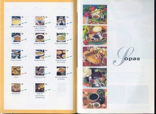 36                         46                 . 56



              .>:.:.
          1iIi7
          ~..~~
                                                  ~                      ~
         Crema'
              vlchyssoise   Potaje de guisantes        Sopa de cebolla
                               rotos y jamón              gratinada
                              de las Ardenas
                       38                                                58   I

                       ~                          ~                      ~I   !
           Fassolada         Potaje de frijoles        Sopa a las hierbas



                       40                         50                     60


                                                  ~                      ~
                              Potaje parisino          Sopa china con
                                                         pollo y maíz


                       42                         52                     62


                       ~                          ~                      ~
                             Potaje pequinés           Sopa de gambas
                                                          al toronjil

                       44                         54


                       ~                          ~
                                 Sopa de
                               choucroute y
                               champiñones




l'""'"
 
