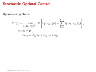 Stochastic Optimal Control
Optimisation problem:
V (p) = min
π={uk}k=N−1
k=0
E Vf (xN , ξN ) +
N−1
k=0
k(xk, uk, ξk) ,
s.t x0 = p,
xk+1 = Aξk
xk + Bξk
uk + wξk
,
Sampathirao et al., 2015, 2016.
 