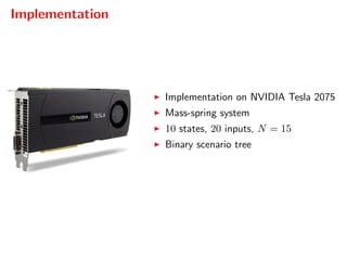 Implementation
Implementation on NVIDIA Tesla 2075
Mass-spring system
10 states, 20 inputs, N = 15
Binary scenario tree
 