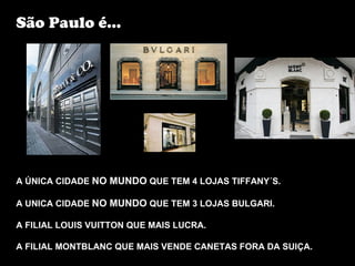 São Paulo é...




A ÚNICA CIDADE NO MUNDO QUE TEM 4 LOJAS TIFFANY´S.

A UNICA CIDADE NO MUNDO QUE TEM 3 LOJAS BULGARI.

A FILIAL LOUIS VUITTON QUE MAIS LUCRA.

A FILIAL MONTBLANC QUE MAIS VENDE CANETAS FORA DA SUIÇA.
 
