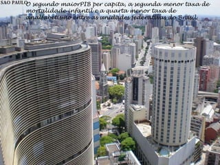 O segundo maiorPIB per capita, a segunda menor taxa de
mortalidade infantil e a quarta menor taxa de
analfabetismo entre as unidades federativas do Brasil.
 