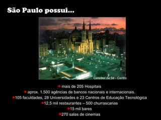 São Paulo possui...




                                           Catedral da Sé - Centro

                             mais de 205 Hospitais
         aprox. 1.500 agências de bancos nacionais e internacionais.
  105 faculdades, 28 Universidades e 23 Centros de Educação Tecnológica
                  12,5 mil restaurantes – 500 churrascarias
                                 15 mil bares
                            270 salas de cinemas
 