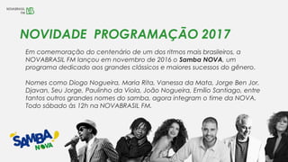 NOVIDADE PROGRAMAÇÃO 2017
Em comemoração do centenário de um dos ritmos mais brasileiros, a
NOVABRASIL FM lançou em novembro de 2016 o Samba NOVA, um
programa dedicado aos grandes clássicos e maiores sucessos do gênero.
Nomes como Diogo Nogueira, Maria Rita, Vanessa da Mata, Jorge Ben Jor,
Djavan, Seu Jorge, Paulinho da Viola, João Nogueira, Emílio Santiago, entre
tantos outros grandes nomes do samba, agora integram o time da NOVA.
Todo sábado às 12h na NOVABRASIL FM.
 