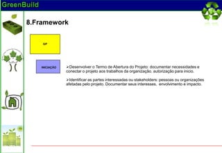 8.Framework

    GP




   INICIAÇÃO   Desenvolver o Termo de Abertura do Projeto: documentar necessidades e
               conectar o projeto aos trabalhos da organização. autorização para inicio.

               Identificar as partes interessadas ou stakeholders: pessoas ou organizações
               afetadas pelo projeto. Documentar seus interesses, envolvimento e impacto.
 