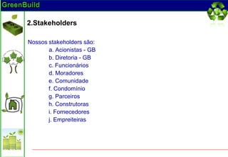 2.Stakeholders

Nossos stakeholders são:
       a. Acionistas - GB
       b. Diretoria - GB
       c. Funcionários
       d. Moradores
       e. Comunidade
       f. Condomínio
       g. Parceiros
       h. Construtoras
       i. Fornecedores
       j. Empreiteiras
 