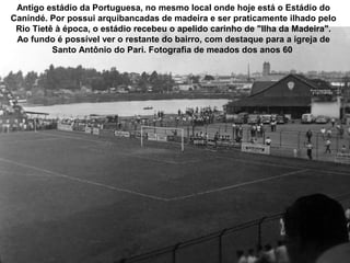 Antigo estádio da Portuguesa, no mesmo local onde hoje está o Estádio do
Canindé. Por possui arquibancadas de madeira e ser praticamente ilhado pelo
 Rio Tietê à época, o estádio recebeu o apelido carinho de "Ilha da Madeira".
 Ao fundo é possível ver o restante do bairro, com destaque para a igreja de
          Santo Antônio do Pari. Fotografia de meados dos anos 60
 