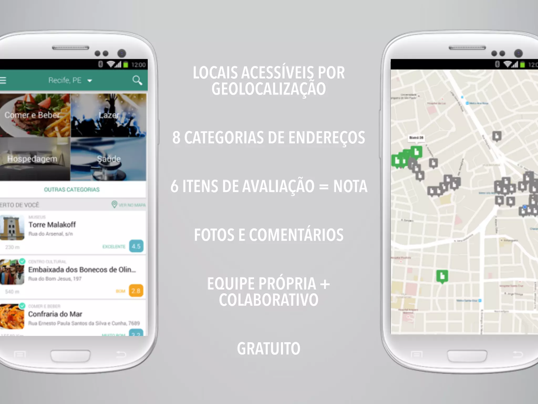 LOCAIS ACESSÍVEIS POR
GEOLOCALIZAÇÃO
!
!
8 CATEGORIAS DE ENDEREÇOS
!
!
6 ITENS DE AVALIAÇÃO = NOTA
!
!
FOTOS E COMENTÁRIOS
!
!
EQUIPE PRÓPRIA +
COLABORATIVO
!
!
GRATUITO
!
 
