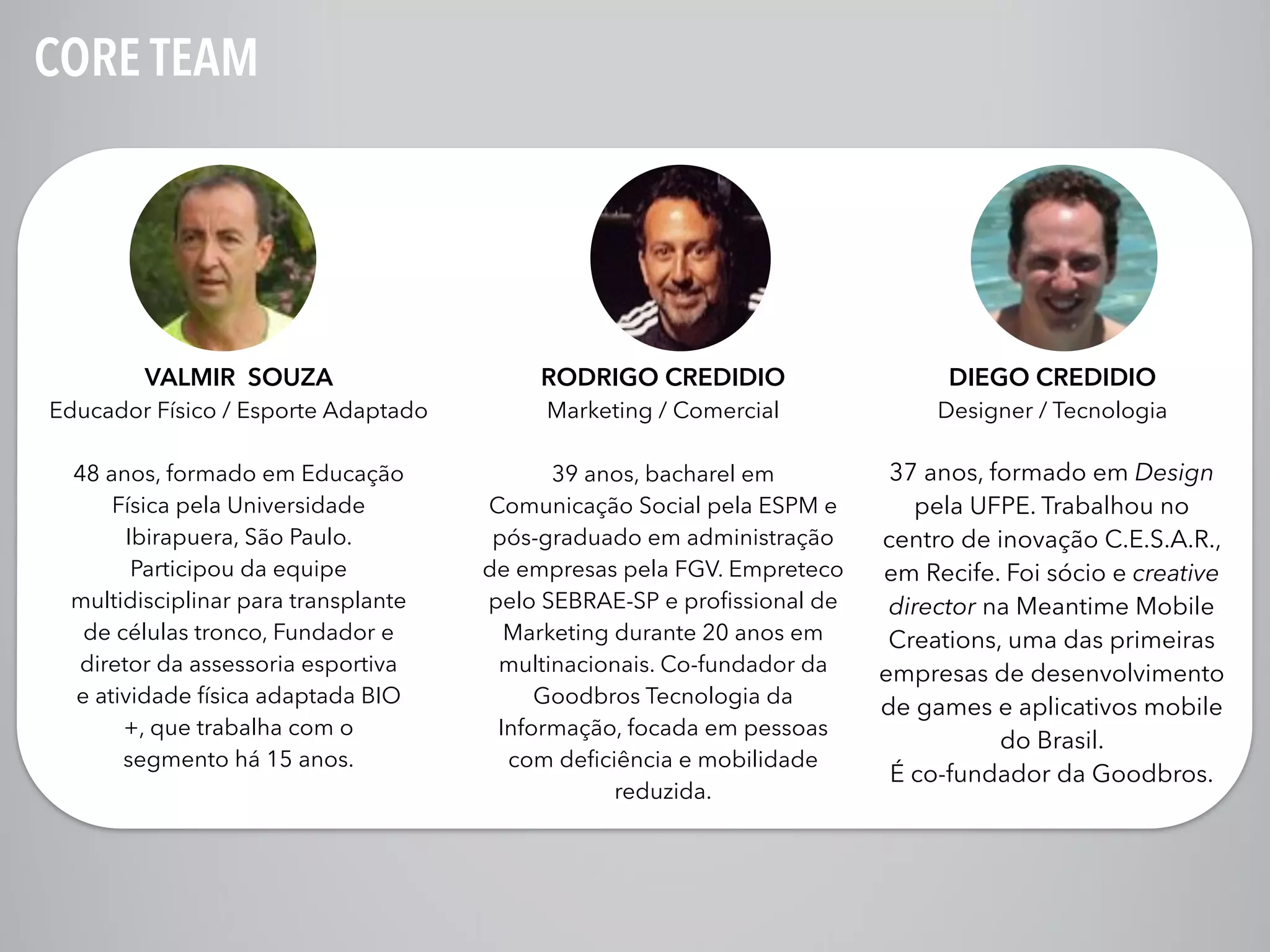 RODRIGO CREDIDIO
Marketing / Comercial
!
39 anos, bacharel em
Comunicação Social pela ESPM e
pós-graduado em administração
de empresas pela FGV. Empreteco
pelo SEBRAE-SP e profissional de
Marketing durante 20 anos em
multinacionais. Co-fundador da
Goodbros Tecnologia da
Informação, focada em pessoas
com deficiência e mobilidade
reduzida.
DIEGO CREDIDIO
Designer / Tecnologia
VALMIR SOUZA
Educador Físico / Esporte Adaptado
!
48 anos, formado em Educação
Física pela Universidade
Ibirapuera, São Paulo.
Participou da equipe
multidisciplinar para transplante
de células tronco, Fundador e
diretor da assessoria esportiva
e atividade física adaptada BIO
+, que trabalha com o
segmento há 15 anos.
37 anos, formado em Design
pela UFPE. Trabalhou no
centro de inovação C.E.S.A.R.,
em Recife. Foi sócio e creative
director na Meantime Mobile
Creations, uma das primeiras
empresas de desenvolvimento
de games e aplicativos mobile
do Brasil.
É co-fundador da Goodbros.
CORE TEAM
 