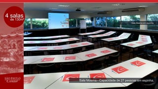 4 salas
de 130m²
Sala Moema em espinha.
Sala Moema - Capacidade de 27 pessoas em espinha.
 