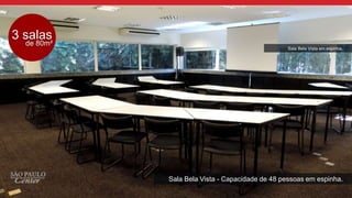 3 salas
de 80m²
Sala Bela Vista em espinha.
Sala Bela Vista - Capacidade de 48 pessoas em espinha.
 