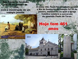 São Paulo foi fundada
em 25 de janeiro de
1554,
com a construção de um
colégio jesuíta.
Hoje tem 461
anos
O nome São Paulo foi escolhido porque
o dia da fundação do colégio foi 25 de
janeiro, mesmo dia no qual a Igreja
Católica celebra a conversão
do apóstolo Paulo de Tarso.1554
2015
http://www.vitruvius.com.br/revistas/read/minhacidad
e/12.143/4381
http://www.urbanamente.net/blog/2011/02/17/pauliceia-desvairada/
 