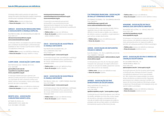 Cidade de São PauloGuia de ONGs para pessoas com deficiência
2120
REGIÃO SUL
CIA FERNANDA BIANCHINI - ASSOCIAÇÃO
DE BALLET FERNANDA BIANCHINI
AVDOMINGOSDEMORAIS,1765-VILAMARIANA,04018-030
Fone: 5084-8542
ciaballetdecegos@gmail.com
www.ciafernandabianchini.org.br
A instituição oferece aulas gratuitas de ballet clássico,
sapateado, dança de salão, para pessoas com
deficiência visual de todas as idades, com o objetivo
de melhorar a postura, o equilíbrio, a noção espacial, a
auto-estima e romper preconceitos.
•	 Público-alvo: pessoas com deficiência visual.
•	 Áreas de atuação: cultura.
ADEVA - ASSOCIAÇÃO DE DEFICIENTES
VISUAIS E AMIGOS
RUA SÃO SAMUEL, 174 - VILA CLEMENTINO, 04120-030
Fone: 50846695 / 5084-6693
markiano@adeva.org.br / adeva@adeva.org.br
www.adeva.org.br
A instituição atua por meio de uma educação global
integrada e da capacitação, reciclagem profissional e
inserção no mercado de trabalho, preparando a pessoa
para o pleno exercício da cidadania.
•	 Público-alvo: pessoas com deficiência visual.
•	 Áreas de atuação: trabalho.
APABEX - ASSOCIAÇÃO DE PAIS
BANESPIANOS DE EXCEPCIONAIS
PRAÇA MONTEIRO DOS SANTOS, 43
VILA MARIANA, 04117-095
Fone: 5081.9000
apabex@apabex.org.br / www.apabex.org.br
A instituição atua por meio de programas como: oficinas
de trabalho, atividades ao ar livre, artes, música, espaço
de convivência, colocação e acompanhamento no
mercado de trabalho, além de programa de residência
protegida onde são acolhidos adultos com deficiência,
principalmente quando do falecimento dos pais.
•	 Público-alvo: pessoas com deficiência.
•	 Áreas de atuação: assistência social, trabalho e cultura.
APADEME - ASSOCIAÇÃO DE PAIS E
AMIGOS DOS DEFICIENTES MENTAIS
RUA MADRE ANA JUSTINA, 114 - GRAJAÚ, 04852-050
Fone: 5528-1188
secretaria@apademe.org.br
www.apademe.org.br
A instituição é um internato com característica de lar
onde as pessoas com deficiência intelectual podem
morar permanentemente, em regime de residência
assistida, com adequada assistência médica e psicológica.
•	 Público-alvo: pessoas com deficiência intelectual.
•	 Áreas de atuação: assistência social.
APICE - ASSOCIAÇÃO DE PAIS E IRMÃOS DE
CRIANÇAS EXCEPCIONAIS
AV GUILHERME HENSCHEL, 137
JARDIM REPRESA, 04826-130
Fone: 5928-1470
apice@apice.com.br / www.apice.org.br
Associação particular sem fins lucrativos, administrada
e mantida por pais e familiares de jovens e adultos
com deficiência intelectual. Iniciou suas atividades
em 1985 criando uma moradia assistida e ao mesmo
tempo semelhante ao ambiente familiar. Organizada
para proporcionar cuidados essenciais é também um
espaço de intervenção terapêutica (fisioterapia, terapia
ocupacional e fonoaudiologia) e de integração social, com
suporte médico e psicológico.
•	 Público-alvo: pessoas com deficiência intelectual.
•	 Áreas de atuação: assistência social.
Ainstituiçãoofereceapoioàspessoascomglaucomae
divulgainformaçõessobrediagnóstico,terapiasetratamentos
dadoençaparaasociedadeeprofissionaisdesaúde.
•	 Público-alvo: pessoas com glaucoma.
•	 Áreas de atuação: saúde e informação.
ABRACE - ASSOCIAÇÃO BRASILEIRA PARA
O ADOLESCENTE E CRIANÇA ESPECIAL
RUAPRINCESAISABEL,548-BROOKLINPAULISTA,04601-001
Fone: 5093-2311
abrace@associacaoabrace.org.br
www.associacaoabrace.org.br
A instituição oferece um programa educacional voltado
para a ampliação da aprendizagem, profissionalização,
qualidade de vida e inclusão social de jovens e adultos
com deficiência intelectual.
•	 Público-alvo: pessoas com deficiência intelectual.
•	 Áreas de atuação: educação, trabalho e cultura.
CARPE DIEM - ASSOCIAÇÃO CARPE DIEM
RUA PINTASSILGO, 463 - MOEMA, 04514-032
Fone: 50931888
gmmsalles@uol.com.br
carpediem@carpediem.org.br
www.carpediem.org.br
A instituição trabalha para que as pessoas com
deficiência intelectual tenham o reconhecimento de
sua capacidade de serem produtivas, tenham seus
direitos, deveres, necessidades, e tantos outros ideais
possíveis de serem conquistados.
•	 Público-alvo: pessoas com deficiência intelectual.
•	 Áreas de atuação: educação, cultura e trabalho.
MONTE AZUL - ASSOCIAÇÃO
COMUNITÁRIA MONTE AZUL
AV TOMÁS DE SOUZA, 552
JARDIM MONTE AZUL, 05836-350
Fone: 5853-8080 / 5853-8083
monteazul@monteazul.org.br
caminhandojuntos@monteazul.org.br
www.monteazul.org.br
A instituição é orientada pelo pensamento
antroposófico, e atua prioritariamente pelo
desenvolvimento integral do Ser Humano. Realiza
trabalhos em três núcleos estabelecidos na periferia da
cidade de São Paulo.
•	 Público-alvo: pessoas com deficiência.
•	 Áreas de atuação: assistência social, educação,
saúde, trabalho e cultura.
AACD - ASSOCIAÇÃO DE ASSISTÊNCIA
À CRIANÇA DEFICIENTE
RUA PROFESSOR ASCENDINO REIS, 724
VILA CLEMENTINO, 04027-000
Fone: 55760777
sac@aacd.org.br / www.aacd.org.br
A instituição atua por meio da habilitação e reabilitação
de pessoas com deficiência física, especialmente
de crianças, adolescentes e jovens, favorecendo a
integração social.
•	 Público-alvo: pessoas com deficiência física.
•	 Áreas de atuação: saúde e trabalho.
AACD - ASSOCIAÇÃO DE ASSISTÊNCIA
À CRIANÇA DEFICIENTE
RUA MIGUEL YUNES, 491 - CAMPO GRANDE, 04444-000
Fone: 5613-0000
sac@aacd.org.br / www.aacd.org.br
A instituição atua por meio da habilitação e reabilitação
de pessoas com deficiência física, especialmente
de crianças, adolescentes e jovens, favorecendo a
integração social.
•	 Público-alvo: pessoas com deficiência física.
•	 Áreas de atuação: saúde e trabalho.
 