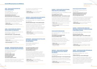Cidade de São PauloGuia de ONGs para pessoas com deficiência
2322
REGIÃO SUL
AHIMSA - ASSOCIAÇÃO EDUCACIONAL
PARA MULTIPLA DEFICIÊNCIA
RUA BALTAZAR LISBOA, 212/216 -VILA MARIANA, 04110-060
Fone: 9156-0200 / 5579-5438
maryshilly@yahoo.com.br
ahimsa@ahimsa.org.br / www.ahimsa.org.br
A organização realiza atendimento educacional para
crianças, jovens e adultos com deficiência múltipla
sensorial e surdocegueira, visando a sua inclusão na
sociedade, oferecendo qualidade de vida a essas pessoas.
•	 Público-alvo: pessoas com deficiência múltipla
e pessoas com surdocegueira.
•	 Áreas de atuação: assistência social, educação
e trabalho.
ASSOCIAÇÃO MORUNGABA
RUA CRISTIANO VIANA, 977 - PINHEIROS, 05411-001
Fone: 3083-6274
morungaba@morungaba.org.br
www.morungaba.org.br
A entidade tem como missão promover o
desenvolvimento por meio da convivência na
diversidade e da apropriação dos espaços públicos,
com atividades de dança, artes e educação.
•	 Público-alvo: pessoas com deficiência.
•	 Áreas de atuação: assistência social,
educação e cultura.
ANPUAD - ASSOCIAÇÃO NACIONAL
DE PREVENÇÃO AO USO E ABUSO
DE DROGAS
ESTRADA DO CAMPO LIMPO, 2653 - SEDE, 05777-000
Fone: 5842-8933
anpuad@anpuad.org.br / www.anpuad.org.br
A instituição atua na implementação de programas
educativos sobre prevenção ao uso e abuso de drogas.
•	 Público-alvo: pessoas com deficiência.
•	 Áreas de atuação: defesa de direitos e educação.
ASSOCIAÇÃO NOVA PROJETO
RUA TEXAS, 1074 - BROOKLIN, 04557-001
Fone: 5505-8929
contatonovaprojeto@terra.com.br
raphaelacoutinho@terra.com.br
www.escolaprojeto.com.br
A instituição oferece apoio para a manutenção dos programas
educacionais e de capacitação para o trabalho, dirigidos
a jovens e adultos com deficiência intelectual. Oferece
encaminhamento profissionalizante a partir de 16 anos.
•	 Público-alvo: pessoas com deficiência intelectual.
•	 Áreas de atuação: educação e trabalho.
ADEFAV - CENTRO DE RECURSOS EM
DEFICIÊNCIA MULTIPLA, SURDOCEGUEIRA
E DEFICIÊNCIA VISUAL
RUA CLEMENTE PEREIRA, 286 - IPIRANGA, 04216-060
Fone: 3571-9517 / 3571-9511
marianina@adefav.org.br
adefav@adefav.org.br / www.adefav.org.br
Promove a inclusão social e educacional de pessoas com
deficiência múltipla surdocegueira e deficiência visual por
meio de serviços de intervenção, habilitação, reabilitação,
capacitação de famílias e comunidade bem como
formação de profissionais.
•	 Público-alvo: pessoas com deficiência múltipla.
•	 Áreas de atuação: educação, trabalho e saúde.
CIEDEF - ASSOCIAÇÃO PARA INTEGRAÇÃO
ESPORTIVA DO DEFICIENTE
RUA MANOEL DA NOBREGA, 1361 - SALA 18 -
PARAÍSO, 04001-002
ciedef@ciedef.org / www.ciedef.org.br
Promove a integração social através do esporte. Oferecem
a oportunidade de dar continuidade à evolução obtida
durante a reabilitação. As atividades esportivas são realizadas
desde a iniciação, hidroginástica e condicionamento físico
até a formação para alto desempenho, nas modalidades
natação, atletismo e tiro esportivo.
ADD - ASSOCIAÇÃO DESPORTIVA
PARA DEFICIENTES
RUA PITOMBEIRAS, 296
VILA PARQUE JABAQUARA, 04321-160
Fone: 5011-0482 / 6133 / 5011-9922
stevendubner@uol.com.br
denise@add.org.br www.add.org.br
A instituição promove o desenvolvimento de pessoas com
deficiência por meio de práticas esportivas adaptadas,
ensino e cursos de capacitação, facilitando o processo de
resgate da auto-estima, integração e inclusão social.
•	 Público-alvo: pessoas com deficiência.
•	 Áreas de atuação: esporte, trabalho, educação.
AAEB - ASSOCIAÇÃO DOS AMIGOS
EXCEPCIONAIS DO BROOKLIN
RUA BAETINGA, 99 - BROOKLIN PAULISTA, 04557-010
Fone: 5533-0087 / 5535-6002
aaeb@aaeb.org.br / www.aaeb.org.br
A instituição promove atendimentos terapêuticos,
bio sócio educativo e psicossocial para a pessoa com
deficiência e seus familiares..
•	 Público-alvo: pessoas com deficiência intelectual e
pessoas com deficiência múltipla.
•	 Áreas de atuação: saúde e educação.
ACELBRA - ASSOCIAÇÃO DOS CELÍACOS
DO BRASIL ACELBRA SEÇÃO SÃO PAULO
RUA PEDRO DE TOLEDO, 441/443
VILA CLEMENTINO, 04039-041
Fone: 99439-3589
duvidas@acelbra.org.br
pericles@acelbra.org.br
www.acelbra.org.br
www.doencaceliaca.com.br
A instituição trabalha para disseminar o conhecimento
sobre a doença celíaca, sensibilizar as indústrias
alimentícias e o governo sobre os direitos das pessoas
com a doença e trocar experiências com outras
organizações interessadas no tema.
•	 Público-alvo: pessoas com doença celíaca.
•	 Áreas de atuação: defesa de direitos.
ADEVEB - ASSOCIAÇÃO DOS DEFICIENTES
VISUAIS EVANGELICOS DO BRASIL
RUA AGOSTINHO GOMES, 2235 - IPIRANGA, 04206-001
Fone: 2068-2100
adeveb@adeveb.org.br / www.adeveb.org.br
A instituição tem como objetivo promover a inclusão
da pessoa com deficiência visual por meio da
atividade cristã evangélica. Oferece apoio social, cursos
educacionais e profissionais com materiais adaptados,
aulas de mobilidade, materiais em braile, atividades
culturais e sociais.
•	 Público-alvo: pessoas com deficiência visual.
•	 Áreas de atuação: assistência social, educação,
trabalho, saúde e cultura.
APMDFESP - ASSOCIAÇÃO DOS POLICIAIS
MILITARES PORTADORES
DE DEFICIÊNCIA
RUA DR RUBENS GOMES BUENO, 193
SANTO AMARO, 04730-000
Fone: 2337-2270
presidente@apmdfesp.com.br
apmdfesp-005@hotmail.com
www.apmdfesp.com.br
A instituição oferece reabilitação física, assistência
jurídica e social, equoterapia, terapia alternativa,
consultório odontológico, hidroterapia, esporte, lazer e
outros serviços. Também atua na inclusão profissional.
A instituição atende policiais militares aposentados ou
na ativa e seus familiares.
•	 Público-alvo: pessoas com deficiência.
•	 Áreas de atuação: assistência social, educação,
trabalho, saúde, cultura e esporte.
 