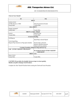 GOL Transportes Aéreos S.A.
SOP - STANDARD OPERATING PROCEDURES B737NG

Close-in Turn Takeoff
PF

PM
400 FT

Call for LNAV
(if FMC Route) or HDG
Verify FMA
Engage Autopilot*
Verify FMA
Call N1
Verify FMA

Select the desired roll mode
Verify FMA
Above 400 FT
Verify FMA
1000 FT or Safety Altitude
Select N1 and
Verify FMA
At desired Heading

Call Bug up
Speed Bug to desired Speed
Verify Speed Bug
Request Flap retraction on Flap speed schedule

Position flap as directed
Monitor Flap/Slat retraction
Inform each new position
Crossing Transition Altitude & Flap and Gear Up
Call: “AFTER TAKEOFF CHECKLIST”
Do and Read (aloud) AFTER TAKEOFF
CHECKLIST
3000 FT AGL
Select VNAV
Verify FMA
Verify FMA

CAUTION: Do not allow the shoulder harness straps to retract quickly.
Buckles can pull or damage circuit breakers.
Complete the After Takeoff Checklist before starting the Climb and Cruise Procedure

SAOOO

Elaboração:SAOOI

Revisão18 B 737 NG

10/01/2007

6-47

 