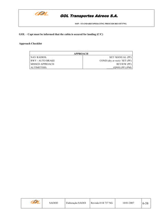 GOL Transportes Aéreos S.A.
SOP - STANDARD OPERATING PROCEDURES B737NG

GOL – Capt must be informed that the cabin is secured for landing (C/C)

Approach Checklist

APPROACH
NAV RADIOS.
RWY / AUTO BRAKE
MISSED APPROACH
ALTIMETERS.

SAOOO

SET/ MANUAL (PF)
COND (dry or wet)-/ SET (PF)
REVIEW (PF)
_____(QNH) (PF) (PM)

Elaboração:SAOOI

Revisão18 B 737 NG

10/01/2007

6-58

 