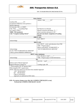 GOL Transportes Aéreos S.A.
SOP - STANDARD OPERATING PROCEDURES B737NG

Outer Marker
Inform:“ OM ________FT”
Confirm OM__________FTIf significant difference exists perform a
Missed Approach
GS intercept- OM - or 1500FT
Call: “Flap ____”( Landing Flap)
set VApp on MCP *
B800- F40 mandatory
Call: "Complete landing ChList"

Set Flap lever as directed
Monitor extension and inform “F__”
when in position and green lt. ON
Do and read aloud- completion of Landing
ChList
1000 FT AGL
Call: 1000 FT

Acknowledge
500 FT AGL
Call: 500 FT - wind: read indication from FMC
FMC: Progress page 2
Observe and inform: ‘STABILIZED” or
Acknowledge
“NOT STABILIZED-GO AROUND”
For the ‘NOT STABILIZED GO AROUND”
Callout, perform MISSED APPROACH
100 FT above minimuns
Call: 100 above- wind “_____”
Acknowledge
FMC: Progress page 2 (wind information)
DA
Call: DA – wind”______”
Inform Land or Missed Approach
Night Flt:Request Landing Lts
Landing Light ON
* With autopilot ON- PF operates MCP
With Autopilot OFF- request items
NOTE- PM must callout any deviation from standard Approach
LOC 1dot deviation ;
GS 1dot deviation;
Flags on instruments;
Approach not stabilized on GOL limits

GOL- if a runway change occur after the LANDING CHECKLIST is read,
Perform the LANDING CHECKLIST AGAIN

SAOOO

Elaboração:SAOOI

Revisão18 B 737 NG

10/01/2007

6-62

 