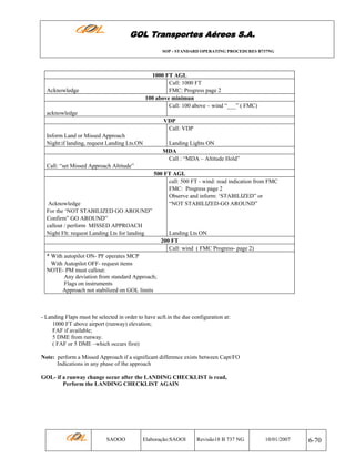 GOL Transportes Aéreos S.A.
SOP - STANDARD OPERATING PROCEDURES B737NG

1000 FT AGL
Call: 1000 FT
FMC: Progress page 2
100 above minimun
Call: 100 above – wind “___” ( FMC)

Acknowledge

acknowledge
VDP
Call: VDP
Inform Land or Missed Approach
Night:if landing, request Landing Lts.ON

Landing Lights ON
MDA
Call : “MDA – Altitude Hold”

Call: “set Missed Approach Altitude”

Acknowledge
For the ‘NOT STABILIZED GO AROUND”
Confirm” GO AROUND”
callout / perform MISSED APPROACH
Night Flt: request Landing Lts for landing

500 FT AGL
call: 500 FT - wind: read indication from FMC
FMC: Progress page 2
Observe and inform: ‘STABILIZED” or
“NOT STABILIZED-GO AROUND”

Landing Lts ON
200 FT
Call: wind ( FMC Progress- page 2)

* With autopilot ON- PF operates MCP
With Autopilot OFF- request items
NOTE- PM must callout:
Any deviation from standard Approach;
Flags on instruments
Approach not stabilized on GOL limits

- Landing Flaps must be selected in order to have acft.in the due configuration at:
1000 FT above airport (runway) elevation;
FAF if available;
5 DME from runway.
( FAF or 5 DME –which occurs first)
Note: perform a Missed Approach if a significant difference exists between Capt/FO
Indications in any phase of the approach
GOL- if a runway change occur after the LANDING CHECKLIST is read,
Perform the LANDING CHECKLIST AGAIN

SAOOO

Elaboração:SAOOI

Revisão18 B 737 NG

10/01/2007

6-70

 