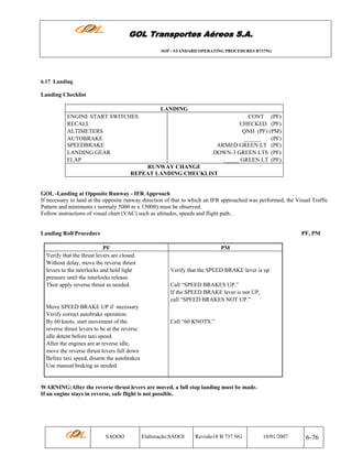 GOL Transportes Aéreos S.A.
SOP - STANDARD OPERATING PROCEDURES B737NG

6.17 Landing

Landing Checklist
LANDING
ENGINE START SWITCHES
RECALL
ALTIMETERS
AUTOBRAKE
SPEEDBRAKE
LANDING GEAR
FLAP

CONT (PF)
CHECKED (PF)
QNH (PF) (PM)
______
(PF)
ARMED GREEN LT (PF)
.DOWN-3 GREEN LTS (PF)
._____ GREEN LT (PF)

RUNWAY CHANGE
REPEAT LANDING CHECKLIST

GOL -Landing at Opposite Runway - IFR Approach
If necessary to land at the opposite runway direction of that to which an IFR approached was performed, the Visual Traffic
Pattern and minimums ( normaly 5000 m x 1500ft) must be observed.
Follow instructions of visual chart (VAC) such as altitudes, speeds and flight path..

Landing Roll Procedure

PF, PM

PF
Verify that the thrust levers are closed.
Without delay, move the reverse thrust
levers to the interlocks and hold light
pressure until the interlocks release.
Then apply reverse thrust as needed.

Move SPEED BRAKE UP if necessary
Verify correct autobrake operation.
By 60 knots, start movement of the
reverse thrust levers to be at the reverse
idle detent before taxi speed.
After the engines are at reverse idle,
move the reverse thrust levers full down
Before taxi speed, disarm the autobrakes
Use manual braking as needed

PM

Verify that the SPEED BRAKE lever is up
Call “SPEED BRAKES UP.”
If the SPEED BRAKE lever is not UP,
call “SPEED BRAKES NOT UP.”

Call “60 KNOTS.”

WARNING:After the reverse thrust levers are moved, a full stop landing must be made.
If an engine stays in reverse, safe flight is not possible.

SAOOO

Elaboração:SAOOI

Revisão18 B 737 NG

10/01/2007

6-76

 