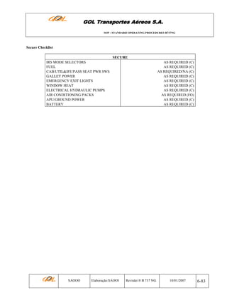 GOL Transportes Aéreos S.A.
SOP - STANDARD OPERATING PROCEDURES B737NG

Secure Checklist
SECURE
IRS MODE SELECTORS
FUEL
CAB/UTIL&IFE/PASS SEAT PWR SWS
GALLEY POWER
EMERGENCY EXIT LIGHTS
WINDOW HEAT
ELECTRICAL HYDRAULIC PUMPS
AIR CONDITIONING PACKS
APU/GROUND POWER
BATTERY

SAOOO

Elaboração:SAOOI

AS REQUIRED (C)
AS REQUIRED (C)
AS REQUIRED/NA (C)
AS REQUIRED (C)
AS REQUIRED (C)
AS REQUIRED (C)
AS REQUIRED (C)
AS REQUIRED (FO)
AS REQUIRED (C)
AS REQUIRED (C)

Revisão18 B 737 NG

10/01/2007

6-83

 