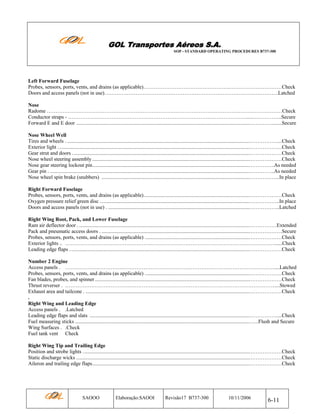 GOL Transportes Aéreos S.A.
SOP - STANDARD OPERATING PROCEDURES B737-300

Left Forward Fuselage
Probes, sensors, ports, vents, and drains (as applicable)…………………………………………..…………………………Check
Doors and access panels (not in use)……………………………………………………………………………………….Latched
Nose
Radome ………………………………………………………………………………………………………………………Check
Conductor straps - ………………………………………………………………………………………….....……………..Secure
Forward E and E door ....................................................................................................................................…………........Secure
Nose Wheel Well
Tires and wheels . ...........................................................................................................................................……………....Check
Exterior light ..................................................................................................................................................………………Check
Gear strut and doors .......................................................................................................................................………………Check
Nose wheel steering assembly ........................................................................................................................………………Check
Nose gear steering lockout pin........................................................................................................................…………..As needed
Gear pin . ........................................................................................................................................................…………..As needed
Nose wheel spin brake (snubbers) .................................................................................................................……………..In place
Right Forward Fuselage
Probes, sensors, ports, vents, and drains (as applicable).................................................................................………………Check
Oxygen pressure relief green disc ..................................................................................................................……………..In place
Doors and access panels (not in use) . ............................................................................................................……………..Latched
Right Wing Root, Pack, and Lower Fuselage
Ram air deflector door . ..................................................................................................................................……………Extended
Pack and pneumatic access doors . .................................................................................................................………………Secure
Probes, sensors, ports, vents, and drains (as applicable) ................................................................................………………Check
Exterior lights .. …………………………………………………………………………………………………………......Check
Leading edge flaps . ........................................................................................................................................………………Check
Number 2 Engine
Access panels . …………………………………………………………………………………………………………....Latched
Probes, sensors, ports, vents, and drains (as applicable) ................................................................................………………Check
Fan blades, probes, and spinner ......................................................................................................................………………Check
Thrust reverser . …………………………………………………………………………………………………………....Stowed
Exhaust area and tailcone . .............................................................................................................................………………Check
.
Right Wing and Leading Edge
Access panels . .Latched
Leading edge flaps and slats ..........................................................................................................................……………....Check
Fuel measuring sticks .....................................................................................................................................…..Flush and Secure
Wing Surfaces . .Check
Fuel tank vent Check
Right Wing Tip and Trailing Edge
Position and strobe lights ...............................................................................................................................………………Check
Static discharge wicks ....................................................................................................................................………………Check
Aileron and trailing edge flaps........................................................................................................................………………Check

SAOOO

Elaboração:SAOOI

Revisão17 B737-300

10/11/2006

6-11

 