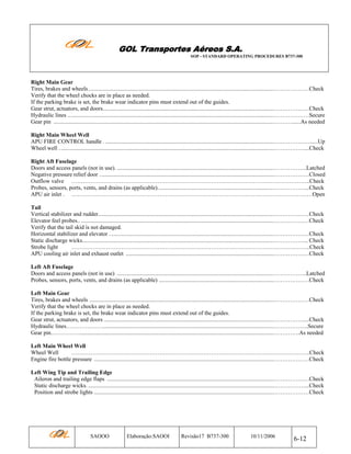 GOL Transportes Aéreos S.A.
SOP - STANDARD OPERATING PROCEDURES B737-300

Right Main Gear
Tires, brakes and wheels.................................................................................................................................………………Check
Verify that the wheel chocks are in place as needed.
If the parking brake is set, the brake wear indicator pins must extend out of the guides.
Gear strut, actuators, and doors.......................................................................................................................………………Check
Hydraulic lines ...............................................................................................................................................………………Secure
Gear pin .........................................................................................................................................................………......As needed
Right Main Wheel Well
APU FIRE CONTROL handle . .....................................................................................................................………………......Up
Wheel well . ....................................................................................................................................................……………....Check
Right Aft Fuselage
Doors and access panels (not in use). .............................................................................................................……………..Latched
Negative pressure relief door . ........................................................................................................................………………Closed
Outflow valve ……………………………………………………………………………………………………………..Check
Probes, sensors, ports, vents, and drains (as applicable).................................................................................……………....Check
APU air inlet . ………………………………………………………………………………………………………………Open
Tail
Vertical stabilizer and rudder..........................................................................................................................………………Check
Elevator feel probes.. ......................................................................................................................................………………Check
Verify that the tail skid is not damaged.
Horizontal stabilizer and elevator . .................................................................................................................………………Check
Static discharge wicks.....................................................................................................................................……………... Check
Strobe light
……………………………………………………………………………………………………………..Check
APU cooling air inlet and exhaust outlet .......................................................................................................………………Check
Left Aft Fuselage
Doors and access panels (not in use) .............................................................................................................……………..Latched
Probes, sensors, ports, vents, and drains (as applicable) ................................................................................………………Check
Left Main Gear
Tires, brakes and wheels ................................................................................................................................………………Check
Verify that the wheel chocks are in place as needed.
If the parking brake is set, the brake wear indicator pins must extend out of the guides.
Gear strut, actuators, and doors ......................................................................................................................……………....Check
Hydraulic lines……………… ........................................................................................................................……………...Secure
Gear pin…………….......................................................................................................................................………….As needed
Left Main Wheel Well
Wheel Well
……………………………………………………………………………………………………………..Check
Engine fire bottle pressure .............................................................................................................................………………Check
Left Wing Tip and Trailing Edge
Aileron and trailing edge flaps ....................................................................................................................………………Check
Static discharge wicks. ..................................................................................................................................……………...Check
Position and strobe lights .............................................................................................................................………………Check

SAOOO

Elaboração:SAOOI

Revisão17 B737-300

10/11/2006

6-12

 