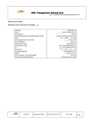 GOL Transportes Aéreos S.A.
SOP - STANDARD OPERATING PROCEDURES B737-300

Before Start Checklist
BEFORE START CHECKLIST FOR B300- __ K

PAPERS
FUEL
SEAT BELT
AIR CONDITIONING & PRESSURIZATION
MCP.
ACCELERATION ALTITUDE
AUTO BRAKE.
ENGINE OIL QTY
CDU ROUTE / SID
N1
IAS BUGS
PARKING BRAKE
TRIM
NAV RADIOS / TRANSPONDER
TAXI/TAKEOFF BRIEFING

SAOOO

Elaboração:SAOOI

ABOARD (C)
_______KGS/ PUMPS ON (C)
ON (C)
__PACK, BLEEDS ON SET (FO)
V2___,HDG___ (C) (FO)
_____FT (C) (FO)
RTO (C)
CHECKED (C)
ATC CHECK&INSERT (C)
___K, FULL/REDUCED (C
V1__,VR___,V2___ (C)
AS REQUIRED (C)
__UNITS, 0 ,0 (C)
SET (C)
COMPLETED (C) (FO)

Revisão17 B737-300

10/11/2006

6-30

 