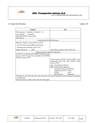 GOL Transportes Aéreos S.A.
SOP - STANDARD OPERATING PROCEDURES B737-300

6.7. Engine Start Procedure

Captain /FO

Captain

F/O

Start sequence ...Announce (Normal: 2 -1)
Call “START ___ ENGINE”
ENGINE START switch :GRD
Start Chrono
Verify that the N2 RPM increases.
When N1 rotation is seen and N2 is at 25%
or (if 25% N2 is not possible) at maximum
motoring and a minimum of 20 % N2:
Engine start lever ..........IDLE

Start Chrono- observe time to EGT rise

Monitor fuel flow and EGT indications
At 46% N2, verify that the ENGINE START switch
moves to OFF. If not, move manually the ENGINE
START switch to OFF
Verify that the START VALVE OPEN alert
extinguishes when the ENG START switch
moves to OFF.
Call: “STARTER CUTOUT.”
GOL- Isolated Pack Operation
After Eng 2 start and stabilized
Isolation Valve Sw - Close
R Pack
- Auto
Duct Pressure
- Stabilized
Monitor N1, N2, EGT, fuel flow and oil pressure for normal indications while the engine accelerates
to a stable idle.
After the engine is stable at idle, start the other engine

SAOOO

Elaboração:SAOOI

Revisão17 B737-300

10/11/2006

6-34

 