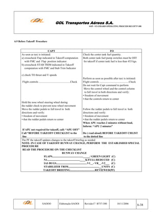 GOL Transportes Aéreos S.A.
SOP - STANDARD OPERATING PROCEDURES B737-300

6.9 Before Takeoff Procedure

CAPT
As soon as taxi is initiated:
a) crosscheck Flap indicated in Takeoff computation
with FMC and Flap position indicator:
b) crosscheck STAB TRIM indicated in Takeoff
computation with FMC and Stab Trim Indicator

FO
Check the center tank fuel quantity.
Both center tank fuel pump switches must be OFF
for takeoff if center tank fuel is less than 453 kgs.

c) check TO thrust and V speeds
Flight controls ...............................................Check

Hold the nose wheel steering wheel during
the rudder check to prevent nose wheel movement
Move the rudder pedals to full travel in both
directions and verify:
• freedom of movement
• that the rudder pedals return to center

Perform as soon as possible after taxi is initiated:
Flight controls ............................................Check
Do not wait for Capt command to perform
Move the control wheel and the control column
to full travel in both directions and verify:
• freedom of movement
• that the controls return to center

Follow the rudder pedals to full travel in both
directions and verify:
• freedom of movement
• that the rudder pedals return to center
When APU reaches 2 minutes without load,
Inform: “APU 2 minutes”

If APU not required for takeoff, call: “APU OFF”
Call “BEFORE TAKEOFF CHECKLIST to the
Do ( read aloud) BEFORE TAKEOFF CHLIST
line
to the dotted line
The PF the takeoff updates changes to the takeoff briefing as needed
NOTE- IN CASE OF TAKEOFF RUNWAY CHANGE, PERFORM THE ESTABLISHED SPECIAL
PROCEDURE
READ THE PROCEDURE ON THE CHECKLIST
RUNWAY CHANGE
FLAPS.............................................._____/ GREEN LIGHT (C)
N1.................................................____K/FULL/REDUCED (C)
IAS BUGS..............................................V1__- VR__-V2___ (C)
STABILIZER TRIM..............................................__UNITS (C)
TAKEOFF BRIEFING.....................................REVIEWED(PF)

SAOOO

Elaboração:SAOOI

Revisão17 B737-300

10/11/2006

6-38

 