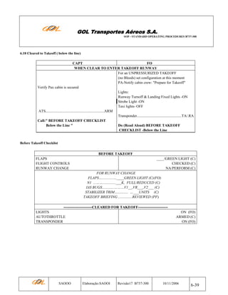 GOL Transportes Aéreos S.A.
SOP - STANDARD OPERATING PROCEDURES B737-300

6.10 Cleared to Takeoff ( below the line)

CAPT
FO
WHEN CLEAR TO ENTER TAKEOFF RUNWAY
For an UNPRESSURIZED TAKEOFF
(no Bleeds) set configuration at this moment
PA-Notify cabin crew: "Prepare for Takeoff"
Verify Pax cabin is secured
Lights:
Runway Turnoff & Landing Fixed Lights -ON
Strobe Light -ON
Taxi lights- OFF
ATS...............................................................ARM
Transponder................................................TA/.RA
Call:" BEFORE TAKEOFF CHECKLIST
Below the Line "
Do (Read Aloud) BEFORE TAKEOFF
CHECKLIST -Below the Line

Before Takeoff Checklist

BEFORE TAKEOFF
FLAPS
FLIGHT CONTROLS
RUNWAY CHANGE

____/GREEN LIGHT (C)
CHECKED (C)
NA/PERFORM (C)
FOR RUNWAY CHANGE
FLAPS…............…____GREEN LIGHT (C)(FO)
N1 ...……..............___K, FULL/REDUCED (C)
IAS BUGS.............………V1__,VR___,V2___ (C)
STABILIZER TRIM…........... …___UNITS (C)
TAKEOFF BRIEFING ...............REVIEWED (PF)

-----------------------CLEARED FOR TAKEOFF-----------------------LIGHTS
AUTOTHROTTLE
TRANSPONDER

SAOOO

ON (FO)
ARMED (C)
ON (FO)

Elaboração:SAOOI

Revisão17 B737-300

10/11/2006

6-39

 