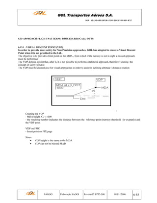 GOL Transportes Aéreos S.A.
SOP - STANDARD OPERATING PROCEDURES B737

6.15 APPROACH FLIGHT PATTERNS/ PROCEDURES/CALL-OUTS

6.15.1 . VISUAL DESCENT POINT (VDP)

In order to provide more safety for Non Precision approaches, GOL has adopted to create a Visual Descent
Point when it is not provided in the IAL.
The objective is to provide a limit point on the MDA , from which if the runway is not in sight a missed approach
must be performed.
The VDP defines a point that, after it, it is not possible to perform a stabilized approach, therefore violating the
concept of safety window
The VDP must be created also for visual approaches in order to assist in defining alttitude / distance relation

Creating the VDP
- MDA height X 3 : 1000
- the resulting number indicates the distance between the reference point (runway threshold for example) and
the VDP point
VDP on FMC
- Insert point on FIX page
Notes
•
•

VDP height is the same as the MDA
VDP can not be beyond MAPt

SAOOO

Elaboração SAOOI

Revisão17 B737-300

10/11//2006

6-55

 