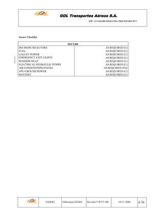 GOL Transportes Aéreos S.A.
SOP - STANDARD OPERATING PROCEDURES B737

Secure Checklist

SECURE
IRS MODE SELECTORS
FUEL
GALLEY POWER
EMERGENCY EXIT LIGHTS
WINDOW HEAT
ELECTRICAL HYDRAULIC PUMPS
AIR CONDITIONING PACKS
APU/GROUND POWER
BATTERY

SAOOO

AS REQUIRED (C)
AS REQUIRED (C)
AS REQUIRED (C)
AS REQUIRED (C)
AS REQUIRED (C)
AS REQUIRED (C)
AS REQUIRED (FO)
AS REQUIRED (C)
AS REQUIRED (C)

Elaboração SAOOI

Revisão17 B737-300

10/11//2006

6-76

 