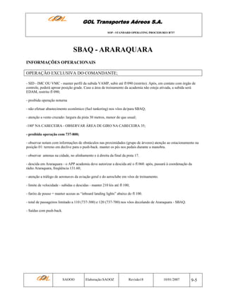 GOL Transportes Aéreos S.A.
SOP - STANDARD OPERATING PROCEDURES B737

SBAQ - ARARAQUARA
INFORMAÇÕES OPERACIONAIS
OPERAÇÃO EXCLUSIVA DO COMANDANTE;
- SID - IMC OU VMC - manter perfil da subida VAMP, subir até fl 090 (restrito). Após, em contato com órgão de
controle, poderá aproar posição grade. Caso a área de treinamento da academia não esteja ativada, a subida será
EDAM, restrito fl 090;
- proibida operação noturna
- não efetuar abastecimento econômico (fuel tankering) nos vôos de/para SBAQ;
- atenção a vento cruzado: largura da pista 30 metros, menor do que usual;
-180º NA CABECEIRA - OBSERVAR ÁREA DE GIRO NA CABECEIRA 35;
- proibida operação com 737-800;
- observar notam com informações de obstáculos nas proximidades (grupo de árvores) atenção ao estacionamento na
posição 01: terreno em declive para o push-back. manter os pés nos pedais durante a manobra.
- observar antenas na cidade, no alinhamento e à direita da final da pista 17.
- descida em Araraquara - o APP academia deve autorizar a descida até o fl 060. após, passará à coordenação da
rádio Araraquara, freqüência 131.60;
- atenção a tráfego de aeronaves da aviação geral e do aeroclube em vôos de treinamento.
- limite de velocidade - subidas e descidas - manter 210 kts até fl 100;
- faróis de pouso = manter acesas as “inboard landing lights” abaixo do fl 100.
- total de passageiros limitado a 110 (737-300) e 120 (737-700) nos vôos decolando de Araraquara - SBAQ.
- Saídas com push-back.

SAOOO

Elaboração:SAOOZ

Revisão18

10/01/2007

9-5

 