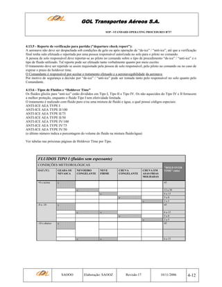 GOL Transportes Aéreos S.A.
SOP - STANDARD OPERATING PROCEDURES B737

4.13.5 - Reporte de verificação para partida ("departure check report"):
A aeronave não deve ser despachada sob condições de gelo ou após operação de “de-ice” / “anti-ice”, até que a verificação
final tenha sido efetuada e reportada por uma pessoa responsável autorizada no solo para o piloto no comando.
A pessoa de solo responsável deve reportar-se ao piloto no comando sobre o tipo de procedimento “de-ice” / “anti-ice” e o
tipo de fluido utilizado. Tal reporte pode ser efetuado tanto verbalmente quanto por meio escrito.
O tratamento deve ser repetido se assim requisitado pela pessoa de solo responsável, pelo piloto no comando ou no caso de
expirar o prazo do holdover time.
O Comandante é responsável por aceitar o tratamento efetuado e a aeronavegabilidade da aeronave.
Por motivo de segurança a decisão por “de-ice” / “anti-ice” pode ser tomada tanto pelo responsável no solo quanto pelo
Comandante.
4.13.6 - Tipos de Fluidos e “Holdover Time”
Os fluidos glicóis para “anti-ice” estão divididos em Tipo I, Tipo II e Tipo IV. Os não aquecidos do Tipo IV e II fornecem
a melhor proteção, enquanto o fluido Tipo I tem efetividade limitada.
O tratamento é realizado com fluido puro e/ou uma mistura de fluido e água, a qual possui códigos especiais:
ANTI-ICE AEA TYPE I
ANTI-ICE AEA TYPE II/100
ANTI-ICE AEA TYPE II/75
ANTI-ICE AEA TYPE II/50
ANTI-ICE AEA TYPE IV/100
ANTI-ICE AEA TYPE IV/75
ANTI-ICE AEA TYPE IV/50
(o último número indica a porcentagem do volume do fluido na mistura fluido/água)
Ver tabelas nas próximas páginas de Holdover Time por Tipo.

FLUIDOS TIPO I (fluidos sem espessante)
CONDIÇÕES METEOROLÓGICAS
OAT (ºC)

GEADA OU
NEVASCA

+0 e acima

NEVOEIRO
CONGELANTE

NEVE
FIRME

CHUVA
CONGELANTE

CHUVA EM
ASAS FRIAS
MOLHADAS

ν

45
ν
ν
ν
ν

-0 a -10

ν
ν

ν
ν
ν

-10 e abaixo

"HOLD OVER
TIME" (min)

ν

ν

SAOOO

ν

Elaboração: SAOOZ

12 a 30
6 a 15
5a8
2a5
45
6 a 15
5a8
2a5
45

6 a 15

Revisão 17

10/11/2006

4-12

 