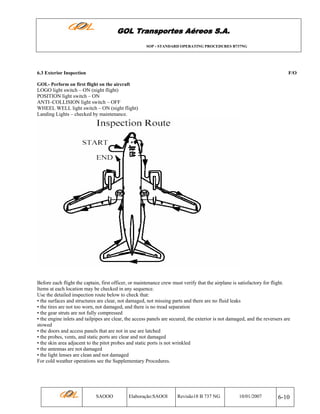GOL Transportes Aéreos S.A.
SOP - STANDARD OPERATING PROCEDURES B737NG

6.3 Exterior Inspection

F/O

GOL- Perform on first flight on the aircraft

LOGO light switch – ON (night flight)
POSITION light switch – ON
ANTI–COLLISION light switch – OFF
WHEEL WELL light switch – ON (night flight)
Landing Lights – checked by maintenance.

Before each flight the captain, first officer, or maintenance crew must verify that the airplane is satisfactory for flight.
Items at each location may be checked in any sequence.
Use the detailed inspection route below to check that:
• the surfaces and structures are clear, not damaged, not missing parts and there are no fluid leaks
• the tires are not too worn, not damaged, and there is no tread separation
• the gear struts are not fully compressed
• the engine inlets and tailpipes are clear, the access panels are secured, the exterior is not damaged, and the reversers are
stowed
• the doors and access panels that are not in use are latched
• the probes, vents, and static ports are clear and not damaged
• the skin area adjacent to the pitot probes and static ports is not wrinkled
• the antennas are not damaged
• the light lenses are clean and not damaged
For cold weather operations see the Supplementary Procedures.

SAOOO

Elaboração:SAOOI

Revisão18 B 737 NG

10/01/2007

6-10

 