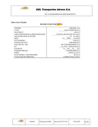 GOL Transportes Aéreos S.A.
SOP - STANDARD OPERATING PROCEDURES B737NG

Before Start Checklist
BEFORE START FOR ____ K
PAPERS
FUEL
SEAT BELT
AIR CONDITIONING & PRESSURIZATION
ACCELERATION ALTITUDE
MCP
AUTO BRAKE
ENGINE OIL QTY
CDU ROUTE / SID
N1
IAS BUGS
PARKING BRAKE
TRIM
NAV RADIOS / TRANSPONDER
TAXI/TAKEOFF BRIEFING

SAOOO

Elaboração:SAOOI

ABOARD (C)
_______KGS/ PUMPS ON (C)
ON (C)
____PACK(S), BLEEDS ON SET (FO)
_____FT (C) (FO)
V2___,HDG___ (C) (FO)
RTO (C)
.CHECKED (C)
ATC CHECK&INSERT (C)
___K, FULL / REDUCED (C)
V1__,VR___,V2___ (C)
. AS REQUIRED (C)
__UNITS, 0 ,0 (C)
SET (C)
COMPLETED (C) (FO)

Revisão18 B 737 NG

10/01/2007

6-32

 