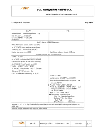GOL Transportes Aéreos S.A.
SOP - STANDARD OPERATING PROCEDURES B737NG

6.7 Engine Start Procedure

Capt &F/O

CAPT

FO

Start sequence ....Announce (Normal: 2 -1)
Call “START ___ ENGINE”
ENGINE START switch :GRD
Start Crono
Verify that the N2 RPM increases.
When N1 rotation is seen and N2 is at 25%
or (if 25% N2 is not possible) at maximum
motoring and a minimum of 20 % N2:
Engine start lever ..........IDLE

Start Crono- observe time to EGT rise

Monitor fuel flow and EGT indications
YD302 - YD307
At 56% N2, verify that the ENGINE START
SW moves to AUTO. If not, move manually
the ENGINE START switch to AUTO
YA201 - YD257, YJ471, YK 727
At 56% N2, verify that the ENG START SW
Moves to OFF. If not, move the
ENG. START switch manually to AUTO
YD302 - YD307
Verify that the START VALVE OPEN
alert extinguishes when the ENG START SW
moves to AUTO
YA201 - YD257, YJ471, YK727
Verify that the START VALVE OPEN alert
extinguishes when the ENGINE START
SW moves to OFF
Call: “STARTER CUTOUT.”
GOL- Isolated Pack Operation
After Eng 2 start and stabilized:
Isolation Valve Sw –Close
Right Pack
- Auto
Duct Pressure
- Stabilized
Monitor N1, N2, EGT, fuel flow and oil pressure for normal indications while the engine accelerates to a
stable idle.
After the engine is stable at idle, start the other engine

SAOOO

Elaboração:SAOOI

Revisão18 B 737 NG

10/01/2007

6-36

 