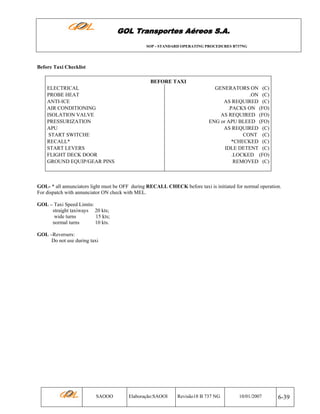GOL Transportes Aéreos S.A.
SOP - STANDARD OPERATING PROCEDURES B737NG

Before Taxi Checklist
BEFORE TAXI
ELECTRICAL
PROBE HEAT
ANTI-ICE
AIR CONDITIONING
ISOLATION VALVE
PRESSURIZATION
APU
START SWITCHE
RECALL*
START LEVERS
FLIGHT DECK DOOR
GROUND EQUIP/GEAR PINS

GENERATORS ON (C)
.ON (C)
AS REQUIRED (C)
.PACKS ON (FO)
AS REQUIRED (FO)
ENG or APU BLEED (FO)
AS REQUIRED (C)
CONT (C)
*CHECKED (C)
IDLE DETENT (C)
.LOCKED (FO)
REMOVED (C)

GOL- * all annunciators light must be OFF during RECALL CHECK before taxi is initiated for normal operation.
For dispatch with annunciator ON check with MEL.
GOL – Taxi Speed Limits:
straight taxiways 20 kts;
wide turns
15 kts;
normal turns
10 kts.
GOL –Reversers:
Do not use during taxi

SAOOO

Elaboração:SAOOI

Revisão18 B 737 NG

10/01/2007

6-39

 