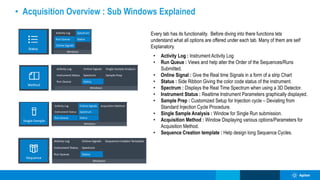 • Acquisition Overview : Sub Windows Explained
Every tab has its functionality. Before diving into there functions lets
understand what all options are offered under each tab. Many of them are self
Explanatory.
• Activity Log : Instrument Activity Log
• Run Queue : Views and help alter the Order of the Sequences/Runs
Submitted.
• Online Signal : Give the Real time Signals in a form of a strip Chart
• Status : Side Ribbon Giving the color code status of the instrument.
• Spectrum : Displays the Real Time Spectrum when using a 3D Detector.
• Instrument Status : Realtime Instrument Parameters graphically displayed.
• Sample Prep : Customized Setup for Injection cycle – Deviating from
Standard Injection Cycle Procedure.
• Single Sample Analysis : Window for Single Run submission.
• Acquisition Method : Window Displaying various options/Parameters for
Acquisition Method.
• Sequence Creation template : Help design long Sequence Cycles.
 