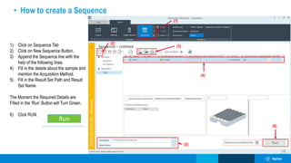 • How to create a Sequence
1) Click on Sequence Tab
2) Click on New Sequence Button.
3) Append the Sequence line with the
help of the following lines.
4) Fill in the details about the sample and
mention the Acquisition Method.
5) Fill in the Result Set Path and Result
Set Name.
The Moment the Required Details are
Filled in the ‘Run’ Button will Turn Green.
6) Click RUN.
(4)
(2)
(1)
(3)
(5)
(6)
 