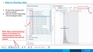 • How to Overlay data
(2)
(1)
1) Pin down all the injections which
need to be overlaid.
2) Select the “Overlaid” Display Mode
in the chromatogram window.
NOTE : Make sure that the following
options are not selected. The
following modes are advanced
modes and should not be used until
required.
 
