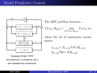 Model Predictive Control

The MPC problem becomes...
VN (zk , Hk|k ) =

min

¯
v∈V(zk ,Hk|k )

VN (zk , v),

where the set of constraints encompasses:
zk+j|k ∈ Zk+j|k X Sk+j|k
Vk+j|k U

KSk+j|k

Reduced-Order MPC
architecture in presence of a
set-membership estimator.

CDC 2013

Reduced-Order MPC

16 / 21

 