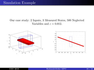 Simulation Example

Our case study: 2 Inputs, 3 Measured States, 500 Neglected
Variables and ε = 0.012.
1
0.8

10
0.6
0.4

5

y

z

0.2

0

−5

0
−0.2
−0.4

−10
10

−0.6

5

10
5

0
−5
y

CDC 2013

−0.8

0
−1
−1

−5
−10

−10

−0.8

−0.6

−0.4

x

Reduced-Order MPC

−0.2

0
x

0.2

0.4

0.6

0.8

1

18 / 21

 