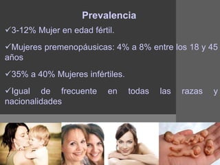 Prevalencia
3-12% Mujer en edad fértil.
Mujeres premenopáusicas: 4% a 8% entre los 18 y 45
años
35% a 40% Mujeres infértiles.
Igual de frecuente en todas las razas y
nacionalidades
 