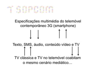 Especificações multimédia do telemóvel
    contemporâneo 3G (smartphone)




Texto, SMS, áudio, conteúdo vídeo e TV


TV clássica e TV no telemóvel coabitam
     o mesmo cenário mediático…
 