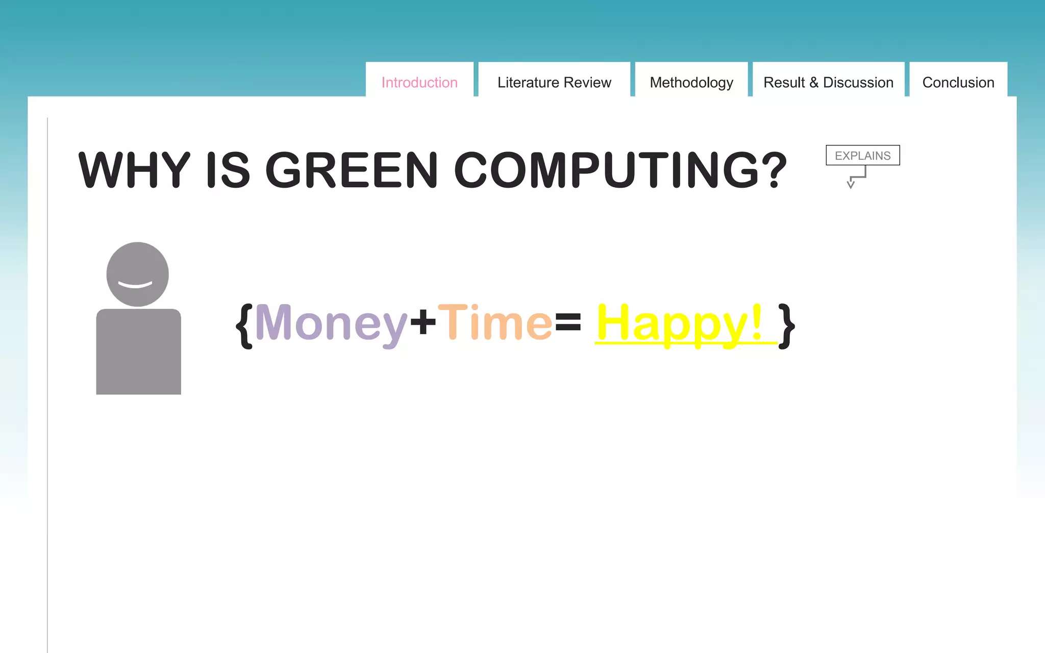 Introduction Literature Review Methodology Result & Discussion Conclusion
WHY IS GREEN COMPUTING?
EXPLAINS
)
{Money+Time= Happy! }
 