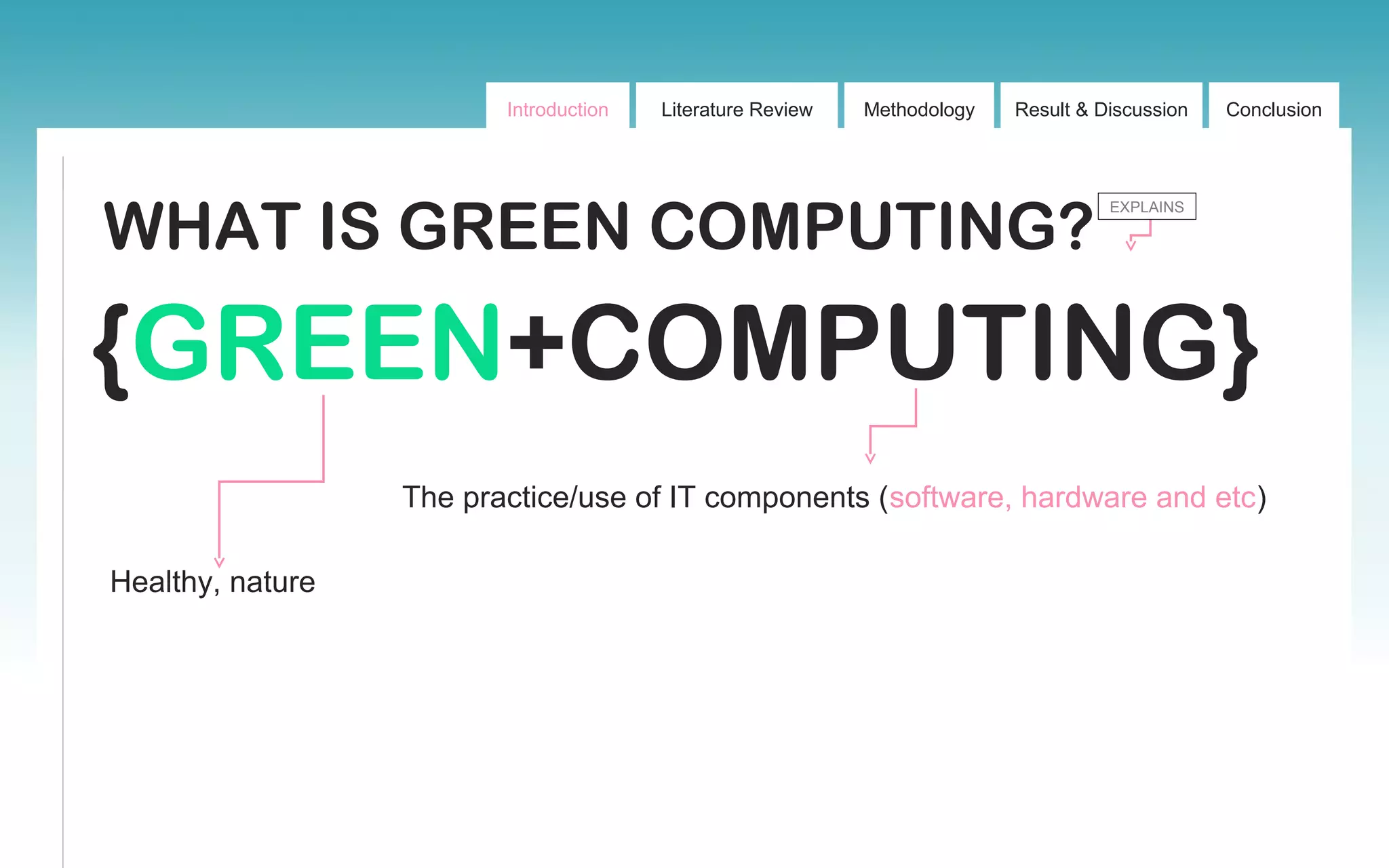 Introduction Literature Review Methodology Result & Discussion Conclusion
WHAT IS GREEN COMPUTING?
EXPLAINS
{GREEN+COMPUTING}
The practice/use of IT components (software, hardware and etc)
Healthy, nature
 