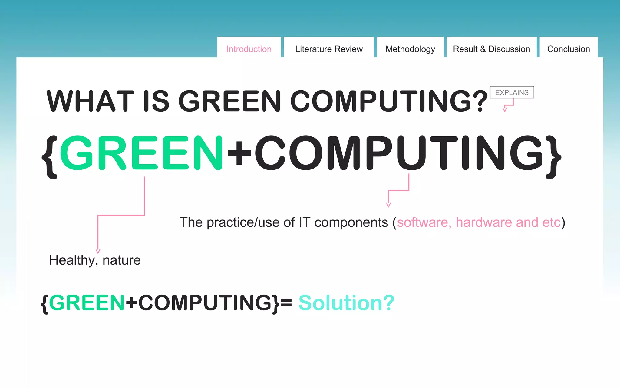 Introduction Literature Review Methodology Result & Discussion Conclusion
WHAT IS GREEN COMPUTING?
EXPLAINS
{GREEN+COMPUTING}
The practice/use of IT components (software, hardware and etc)
Healthy, nature
{GREEN+COMPUTING}= Solution?
 