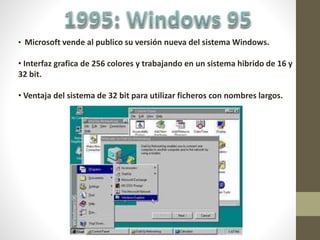• Microsoft vende al publico su versión nueva del sistema Windows.
• Interfaz grafica de 256 colores y trabajando en un sistema hibrido de 16 y
32 bit.
• Ventaja del sistema de 32 bit para utilizar ficheros con nombres largos.
 