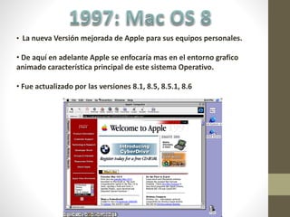 • La nueva Versión mejorada de Apple para sus equipos personales.
• De aquí en adelante Apple se enfocaría mas en el entorno grafico
animado característica principal de este sistema Operativo.
• Fue actualizado por las versiones 8.1, 8.5, 8.5.1, 8.6
 
