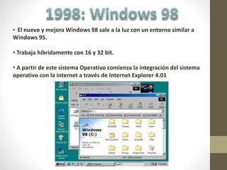 • El nuevo y mejora Windows 98 sale a la luz con un entorno similar a
Windows 95.
• Trabaja híbridamente con 16 y 32 bit.
• A partir de este sistema Operativo comienza la integración del sistema
operativo con la internet a través de Internet Explorer 4.01
 